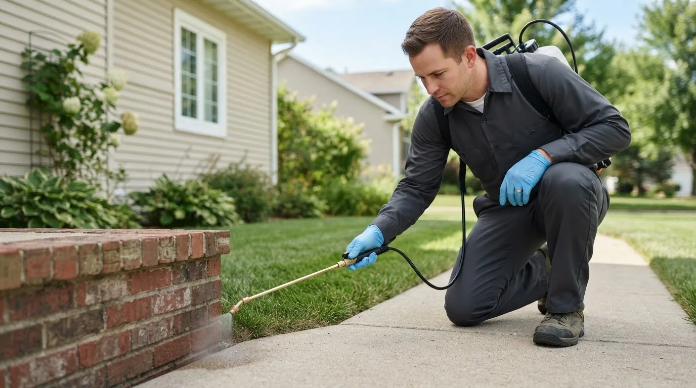 Pest control technician treating a home near Utica, KS