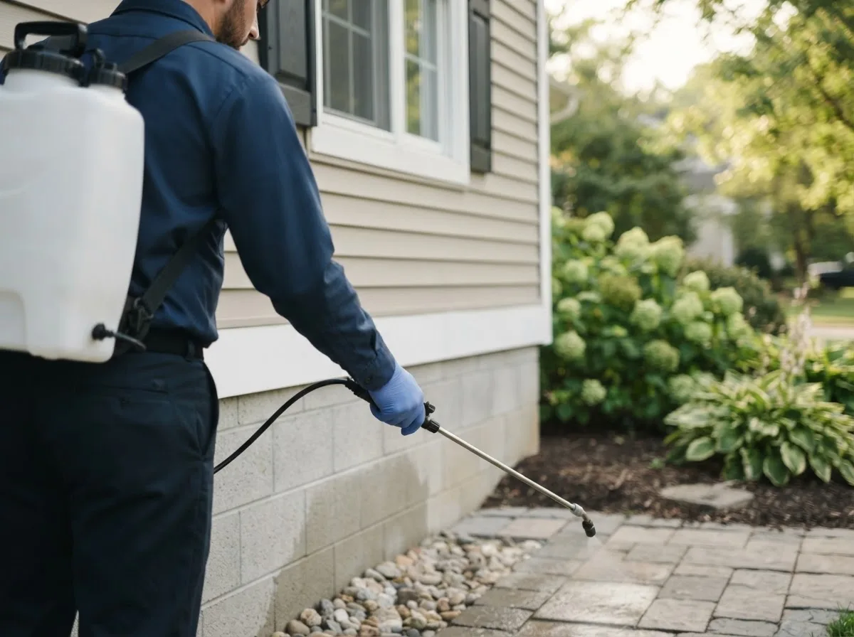 Pest control technician inspecting a home in Utica, KS